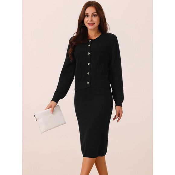 Two Piece Winter Button Down Cardigan Midi Skirts Casual Lounge Set Black - Picture 2 of 5